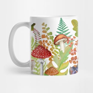 Autumn leaves and mushrooms seamless border. Fall leaf, fly agaric watercolor illustration. Woodland composition Mug